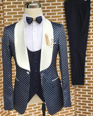 Fashion Shawl Lapel Three Pieces Dot Navy Blue Wedding Suits