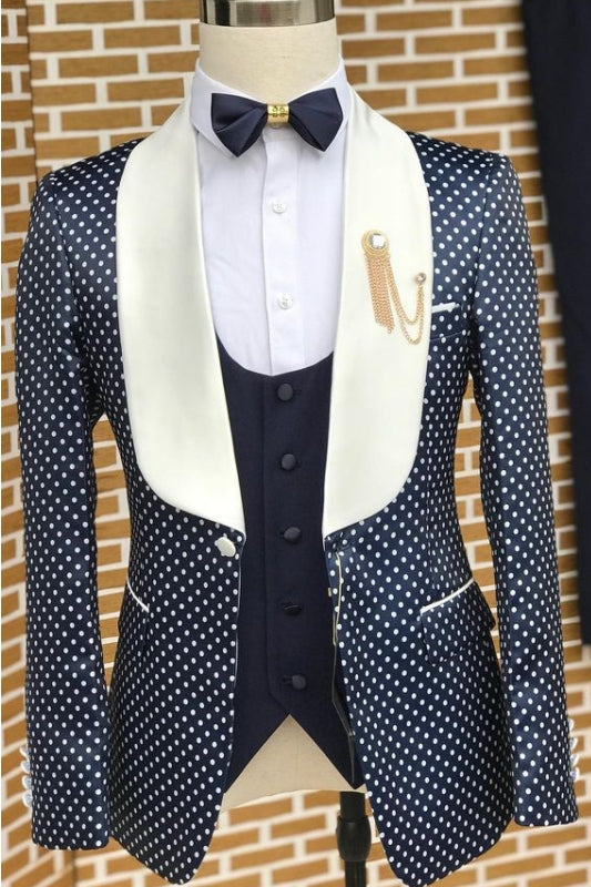 Fashion Shawl Lapel Three Pieces Dot Navy Blue Wedding Suits