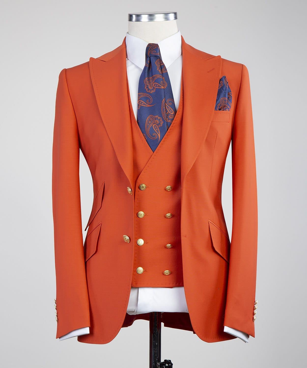 Fashion Orange Peaked Lapel Three Pieces Men Prom Suits