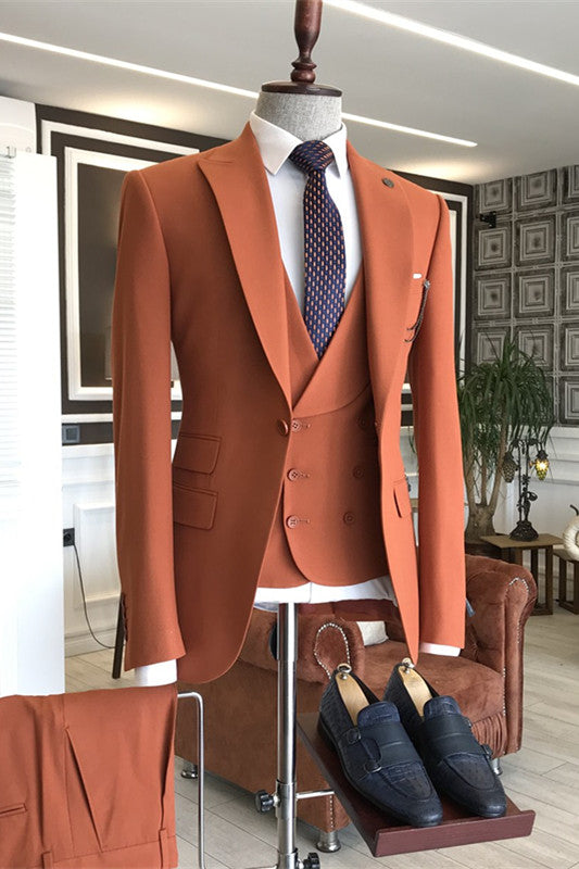 Fashion Orange Peaked Lapel Three Pieces Men Suits For Prom