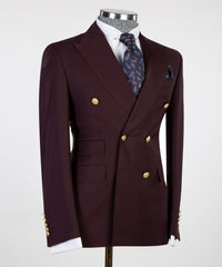 Fashion Peaked Lapel Double Breasted Men Burgundy Business Suits