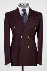 Fashion Peaked Lapel Double Breasted Men Burgundy Business Suits