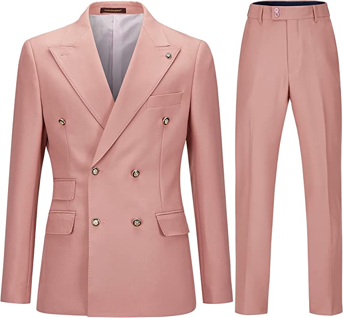 Fashion Pink Double Breasted Peaked Lapel Men Suits For Prom