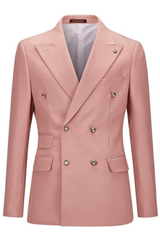 Fashion Pink Double Breasted Peaked Lapel Men Suits For Prom