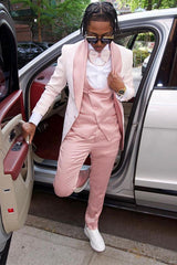 Fashion Pink Shawl Lapel Jacquard Three Pieces Prom Men Suit