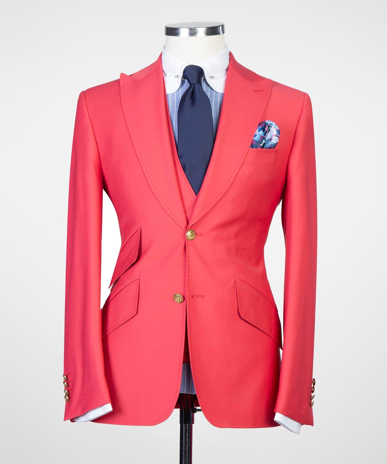 Fashion Three Pieces Peaked Lapel Red Prom Suits for Men