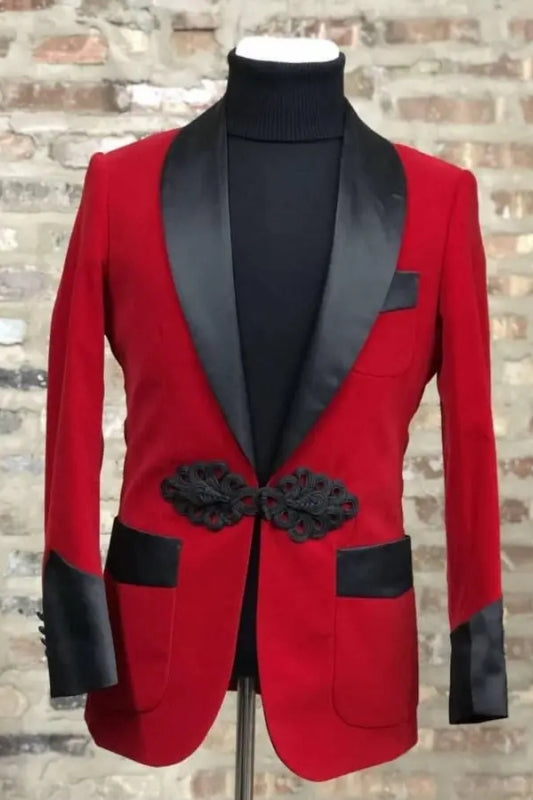 Fashion Velvet Red Wedding Suits With Black Satin Lapel