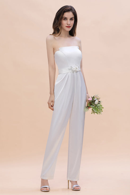 Fashion Strapless Satin Sleeveless Bridesmaid Jumpsuit with Beading Flowers On Sale-27dress
