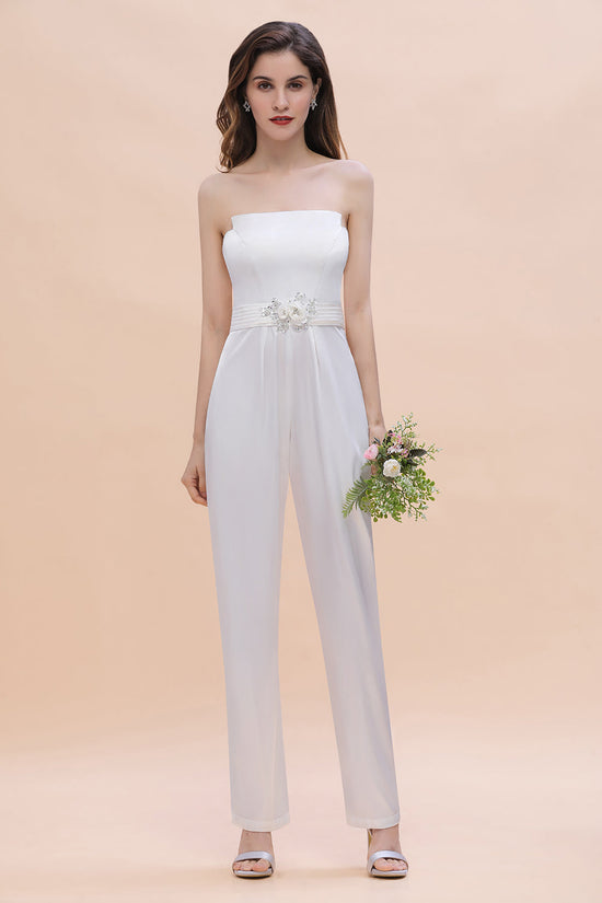 Fashion Strapless Satin Sleeveless Bridesmaid Jumpsuit with Beading Flowers On Sale-27dress