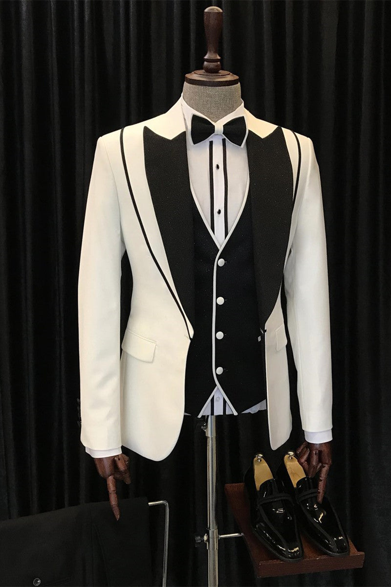 Fashion And Peaked Lapel Three Pieces White Black Wedding Suits