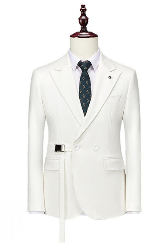 Fashion Double Breasted Peaked Lapel White Prom Suits
