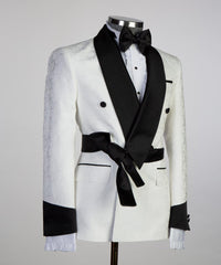 Fashion White Double Breasted Shawl Lapel Jacquard Wedding Men Suits