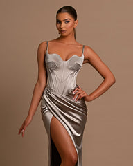 Fashionable Sliver Spaghetti Strap Mermaid Prom Dress With Split