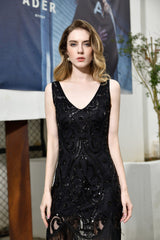 Fast Shipping V Neck Black Sequin Knee-Length Homecoming Dress
