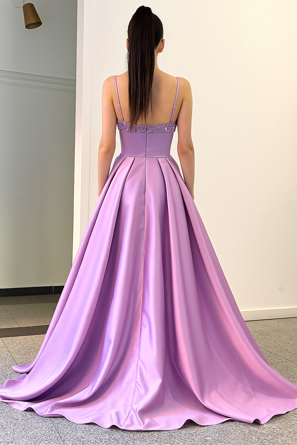 Lavender Spaghetti-Straps Sequins A-Line Evening Dress with Split