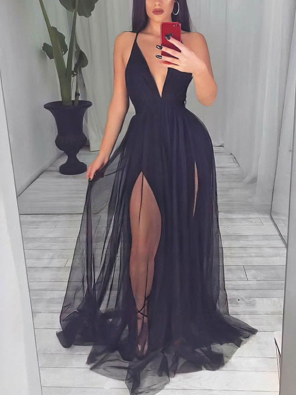 27Dress black floor-length prom dress with deep V neckline and high leg slits