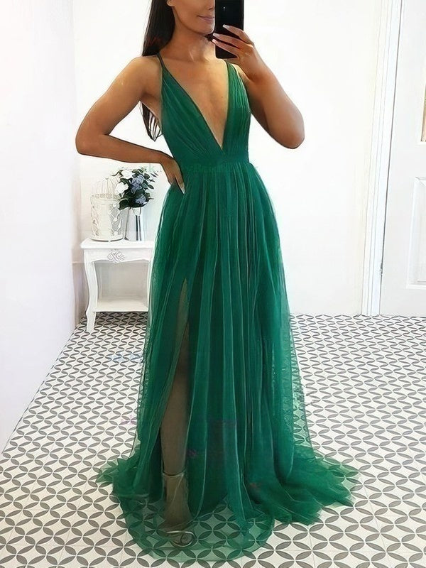 27Dress elegant green floor-length prom dress with deep V neckline and sheer flowing skirt