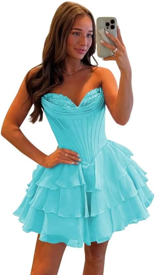 27dress floral homecoming dresses in turquoise with layered ruffle skirt and strapless sweetheart neckline