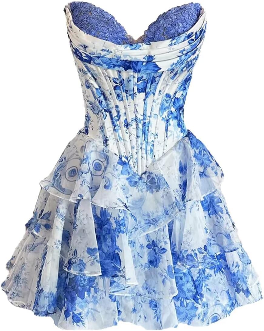 Blue and white floral homecoming dress with corset bodice and layered ruffle skirt from 27dress