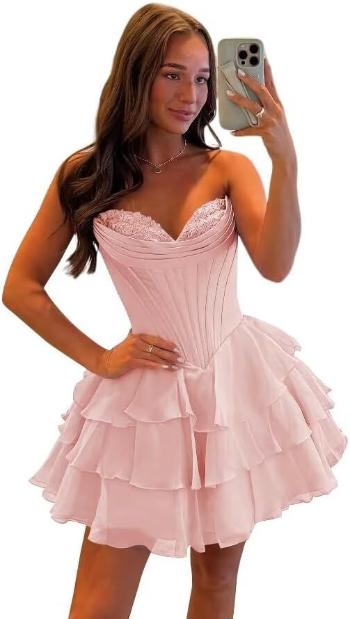 27dress pink floral homecoming dress with tiered ruffle skirt and sweetheart neckline