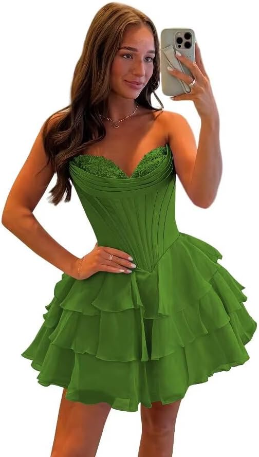 27dress green strapless Floral Homecoming Dresses with layered ruffle skirt and fitted bodice