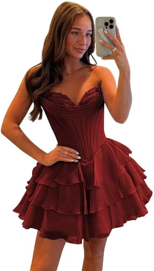 27dress floral homecoming dresses burgundy tiered ruffle skirt with fitted bodice and lace detail