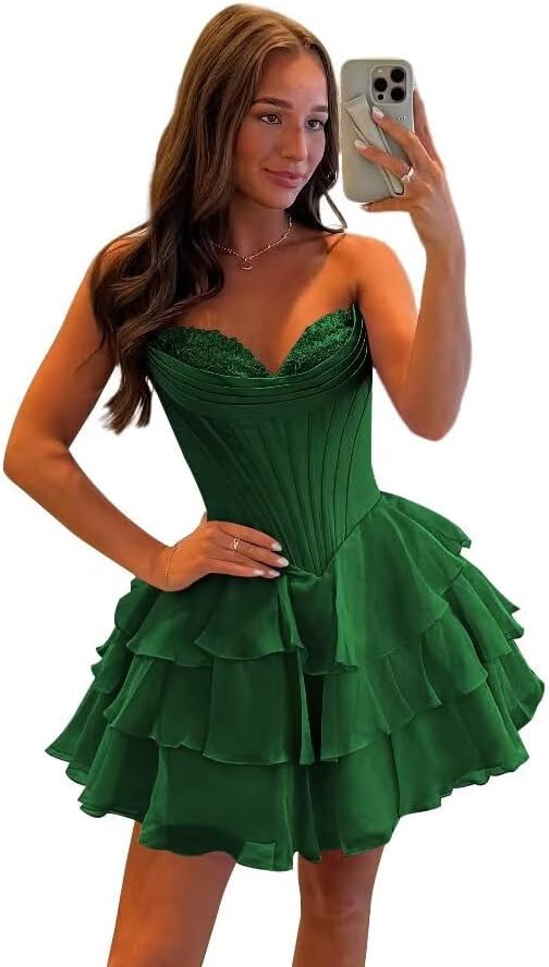 27dress elegant green floral homecoming dresses with layered ruffle skirt and sweetheart neckline