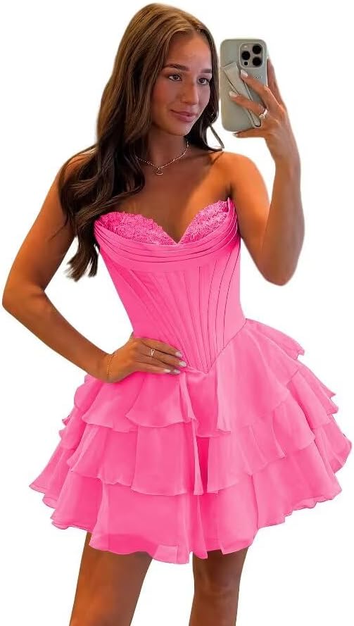 27dress pink floral homecoming dress with tiered skirt and lace bodice details