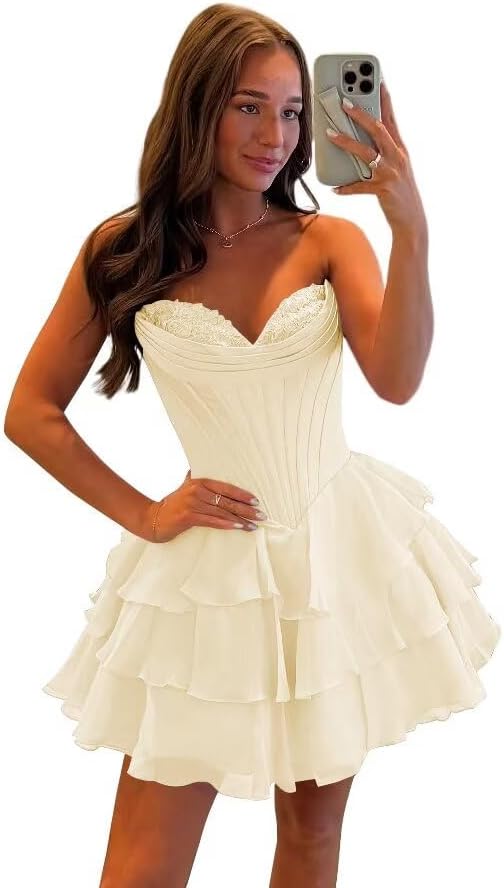 White floral homecoming dress with tiered skirt and sweetheart neckline from 27dress