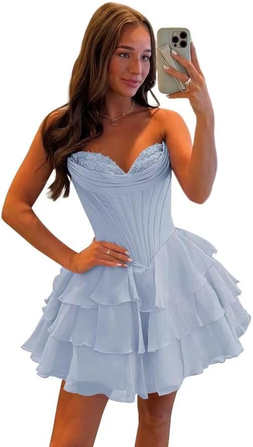 27dress light blue floral homecoming dresses with layered ruffle skirt and sweetheart neckline