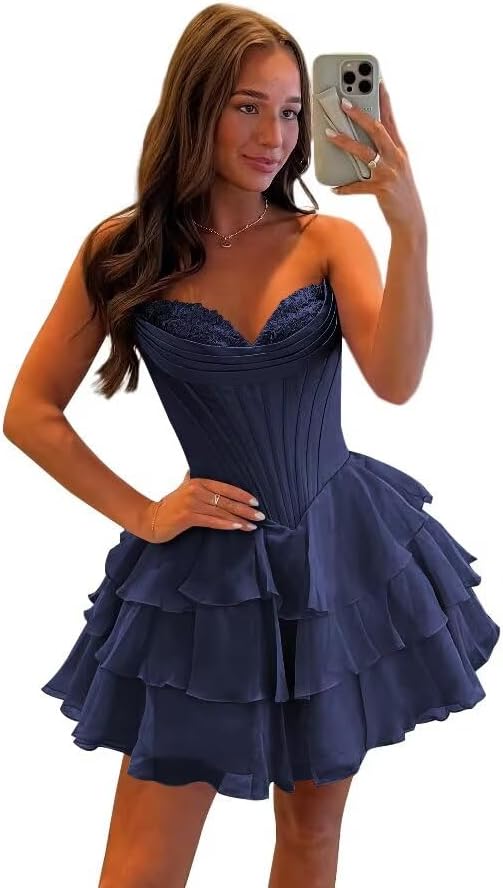 27dress navy blue strapless layered dress for Floral Homecoming Dresses with a sweetheart neckline