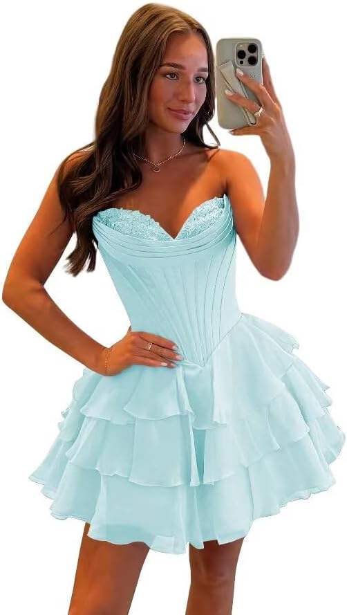 27dress floral homecoming dresses light blue strapless tiered ruffle short dress 