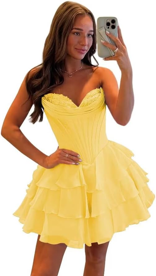 Yellow floral homecoming dress with layered skirt and sweetheart neckline by 27dress
