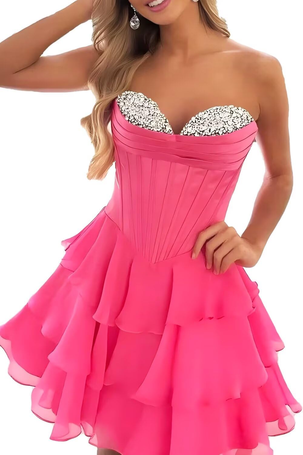 27dress pink strapless Floral Homecoming Dresses with layered ruffle skirt and fitted bodice