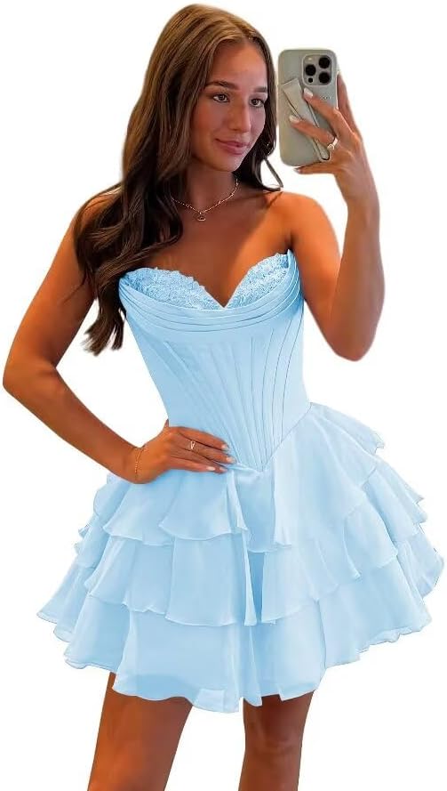 27dress light blue floral homecoming dresses with strapless sweetheart neckline and layered ruffle skirt
