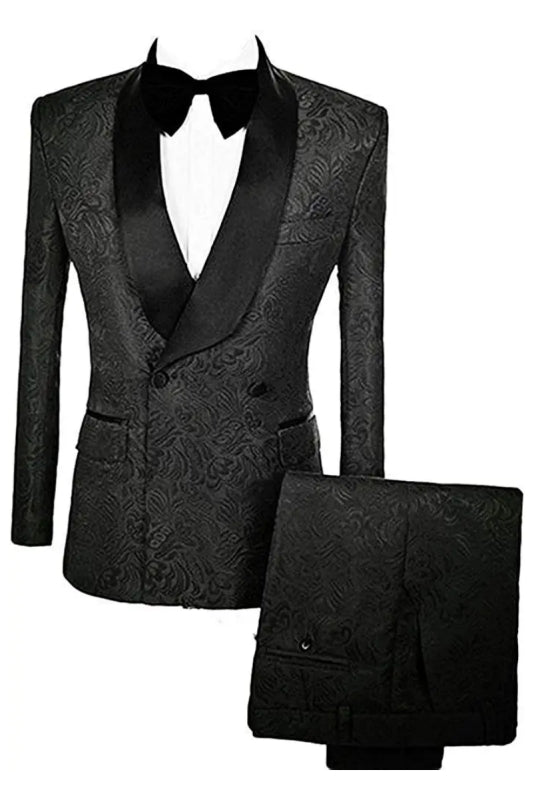 Formal Double Breasted Jacquard Black Wedding Suits With Velvet Lapel