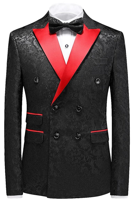 Formal Jacquard Double Breasted Three Pieces Black Prom Suits