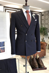 Formal Peaked Lapel Double Breasted Striped Black Business Suits