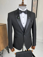 Formal Peaked Lapel Three Pieces Black Wedding Suits For Men
