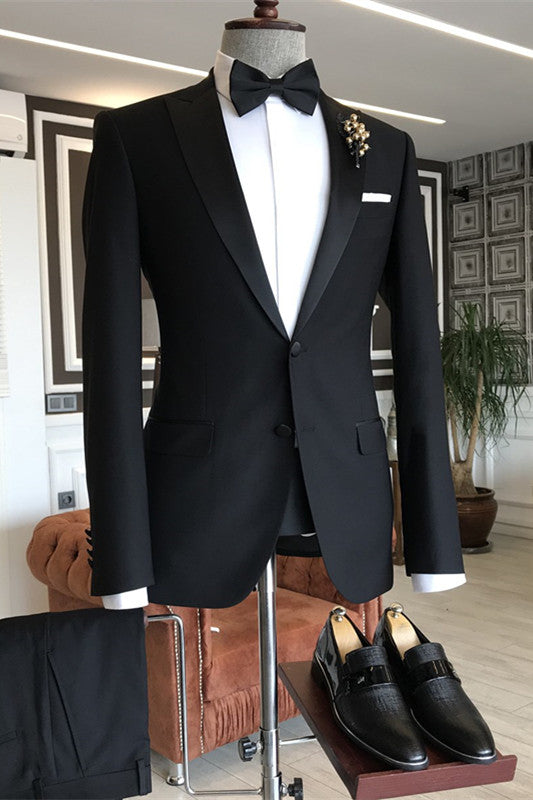 Formal Peaked Lapel Two Pieces Men Black Wedding Suits