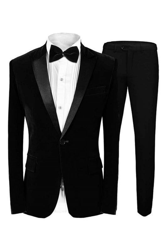 Formal Peaked Lapel Two Pieces Velvet Black Wedding Suits For Men