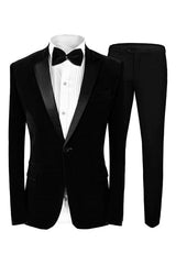 Formal Peaked Lapel Two Pieces Velvet Black Wedding Suits For Men