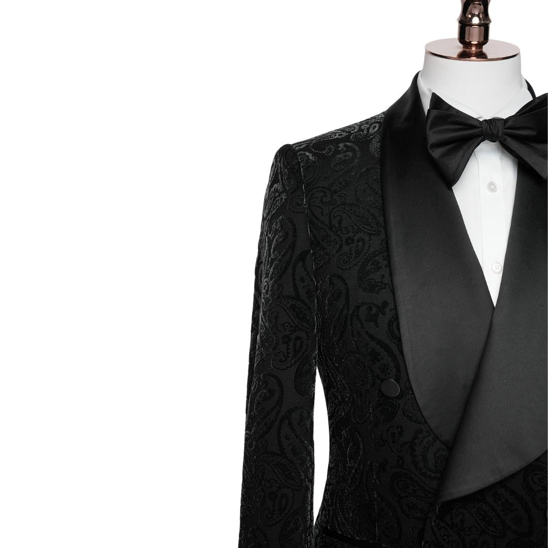 Formal Shawl Lapel Double Breasted Jacquard Black Wedding Suits