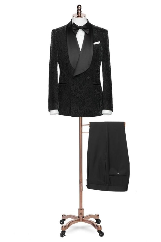 Formal Shawl Lapel Double Breasted Jacquard Black Wedding Suits