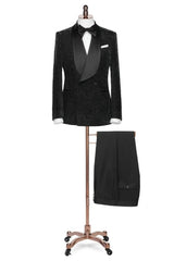 Formal Shawl Lapel Double Breasted Jacquard Black Wedding Suits