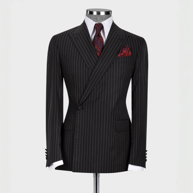 Formal Striped Peaked Lapel Bespoke Black Business Suits