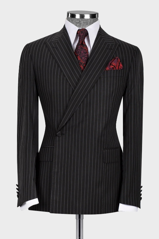Formal Striped Peaked Lapel Bespoke Black Business Suits