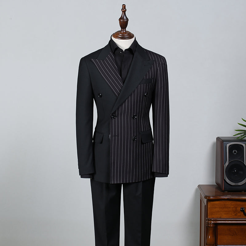 Formal Black Striped Peaked Lapel Double Breasted Bespoke Business Suit