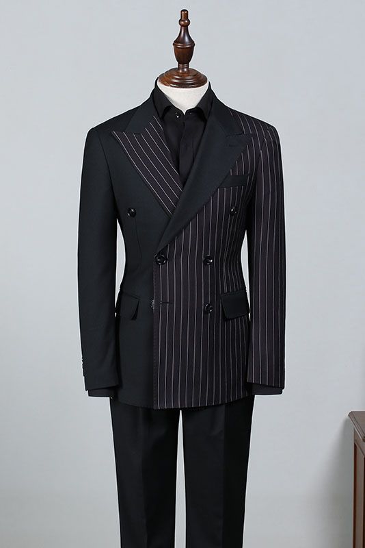 Formal Black Striped Peaked Lapel Double Breasted Bespoke Business Suit