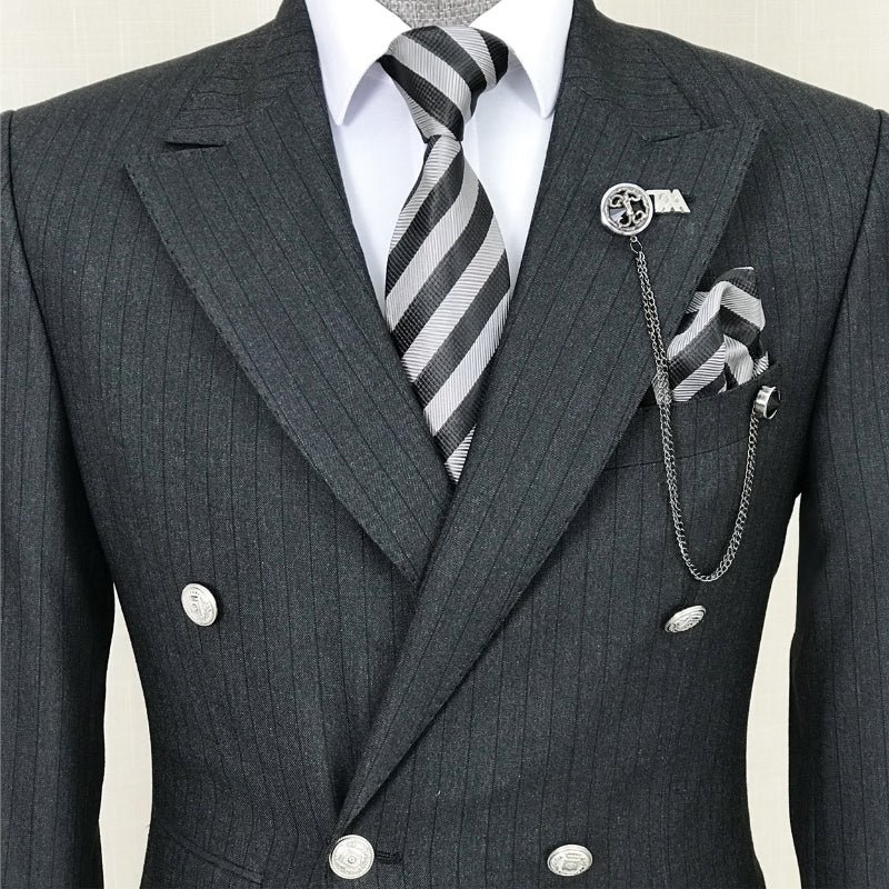 Formal Striped Peaked Lapel Double Breasted Black Wedding Suits